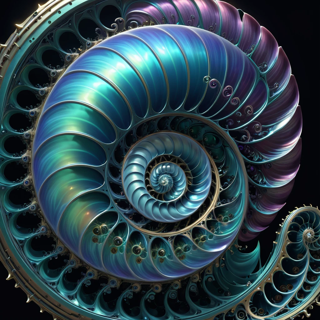 (Nautilus Machine Lifeform)、(Nautilus is mechanically drawn:1.2)、Machine lifeforms emerging from the Mandelbrot set、The emerging lifeforms gradually々Mechanize to、Fractal Art、3D Rendering, Aurora