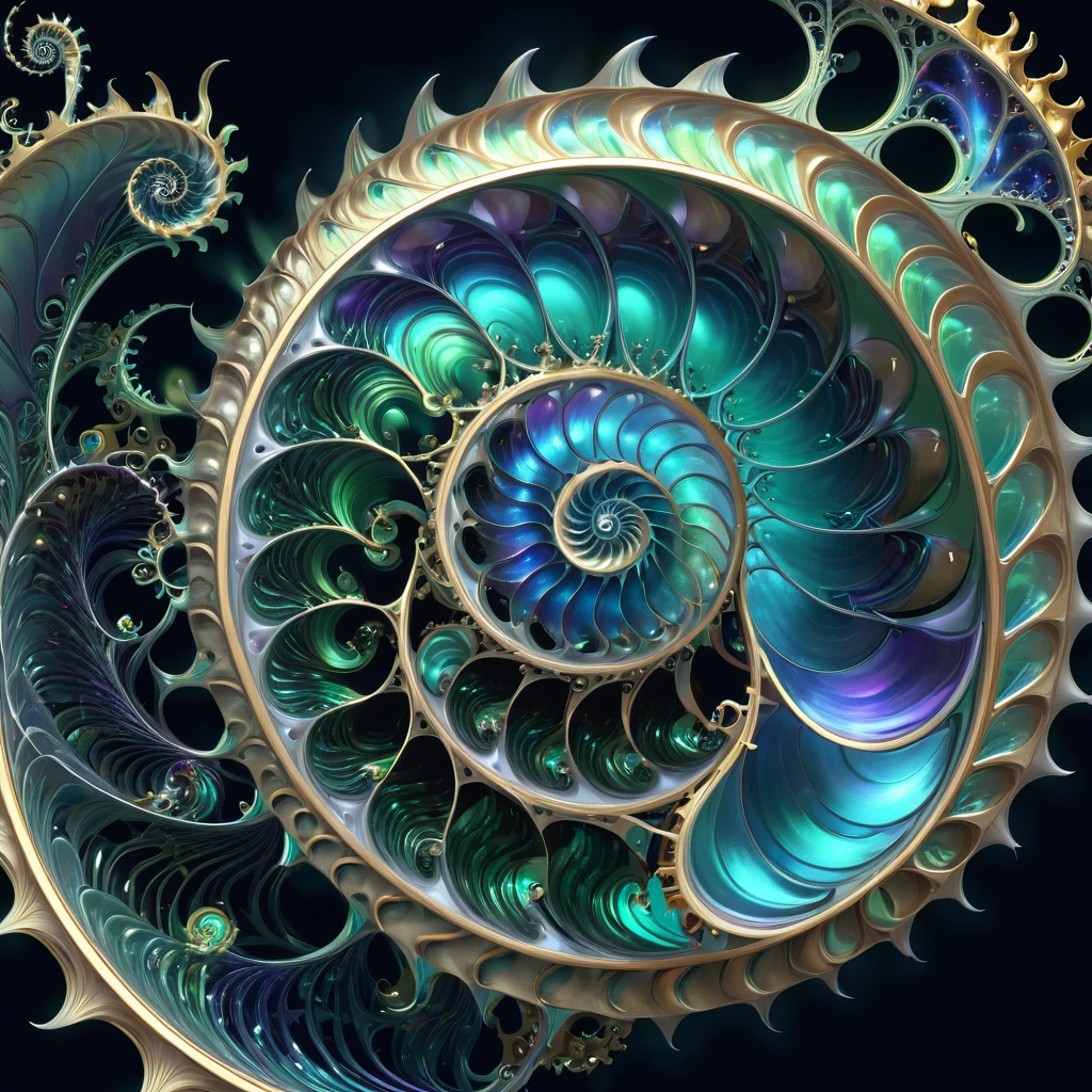 (Nautilus Machine Lifeform)、(Nautilus is mechanically drawn:1.2)、Machine lifeforms emerging from the Mandelbrot set、The emerging lifeforms gradually々Mechanize to、Fractal Art、3D Rendering, Aurora