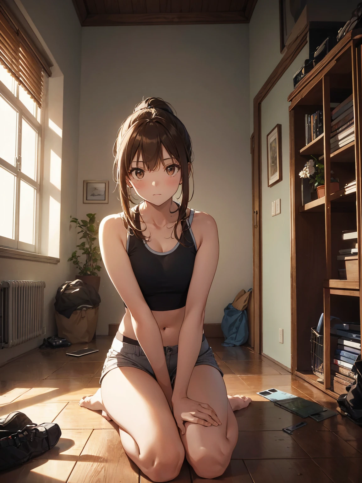 Bottom view, under shorts, nice legs, sitting, high detail. A young woman with medium-length light brown hair sits on the floor in a dimly lit room, wearing a black sports bra and short shorts. (spread your legs, bend your knees) Ponytail of hair on the left side, Brown eyes, She has a confused look on her face. Sunlight enters through the window, illuminating the space and highlighting various objects in the room, such as clothes, hanging outside, and personal items in the background.