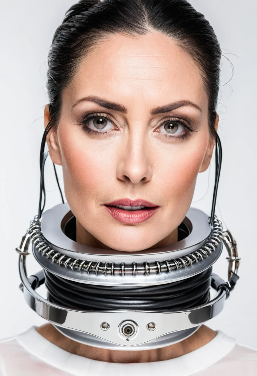 elegant 35 yo chignon lady with a precision machined aluminium lethal electronic shock collar painfully tightly locked around her neck. white background