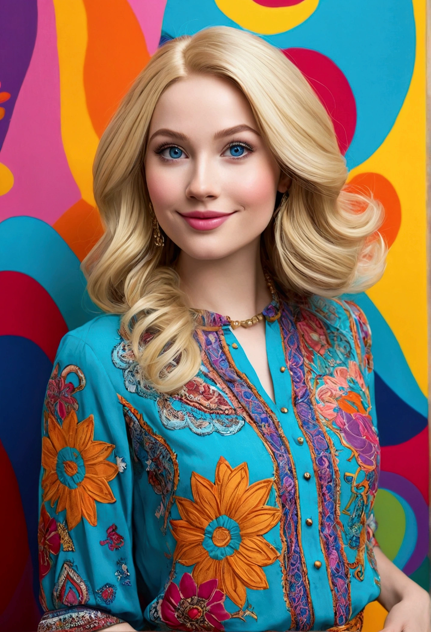 Imagine Rapunzel, 25 years old, cosplaying as a renowned artist with her distinctive large blue eyes, a straight nose, and full lips curved in a playful smile. Her blonde hair is styled in a modern, chic bob with soft waves. She wears a bohemian-style outfit featuring a colorful blouse with intricate patterns and stylish accessories. The background is a vibrant modern art studio with large canvases, scattered paintbrushes, and a bright, eclectic decor that reflects her creative personality. The scene should convey a lively and artistic environment.