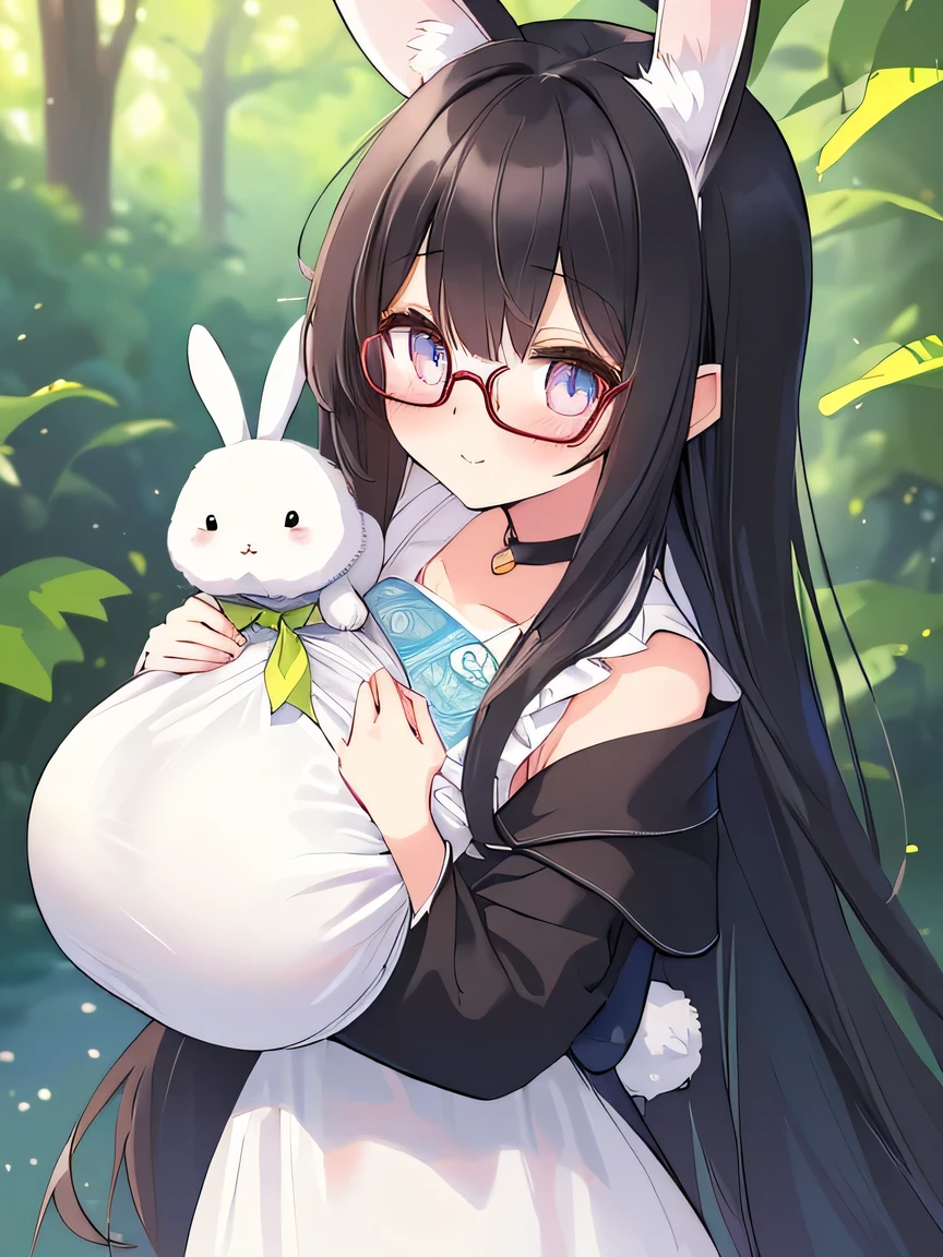 ((masterpiece)), ((best quality)), (ultra-detailed), ((kawaii)), cute, (lovely), illustration, anime style, (beautiful eyes), beautiful black hair, long hair, slim, slender, medium breast, glasses, (carrying a large white sack on her shoulder:1.4), (white Rabbit ears), white rabbit.