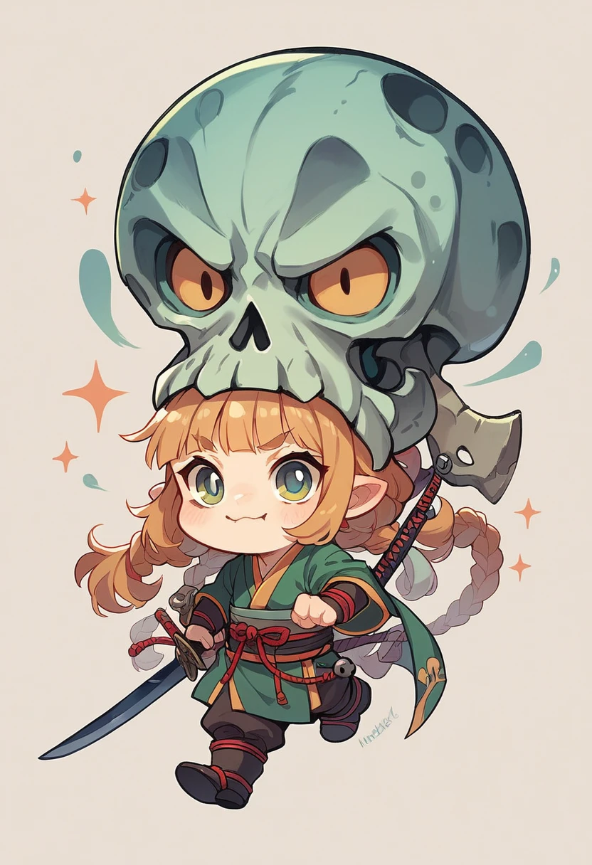 Chibi,Skull,Carrying a samurai sword