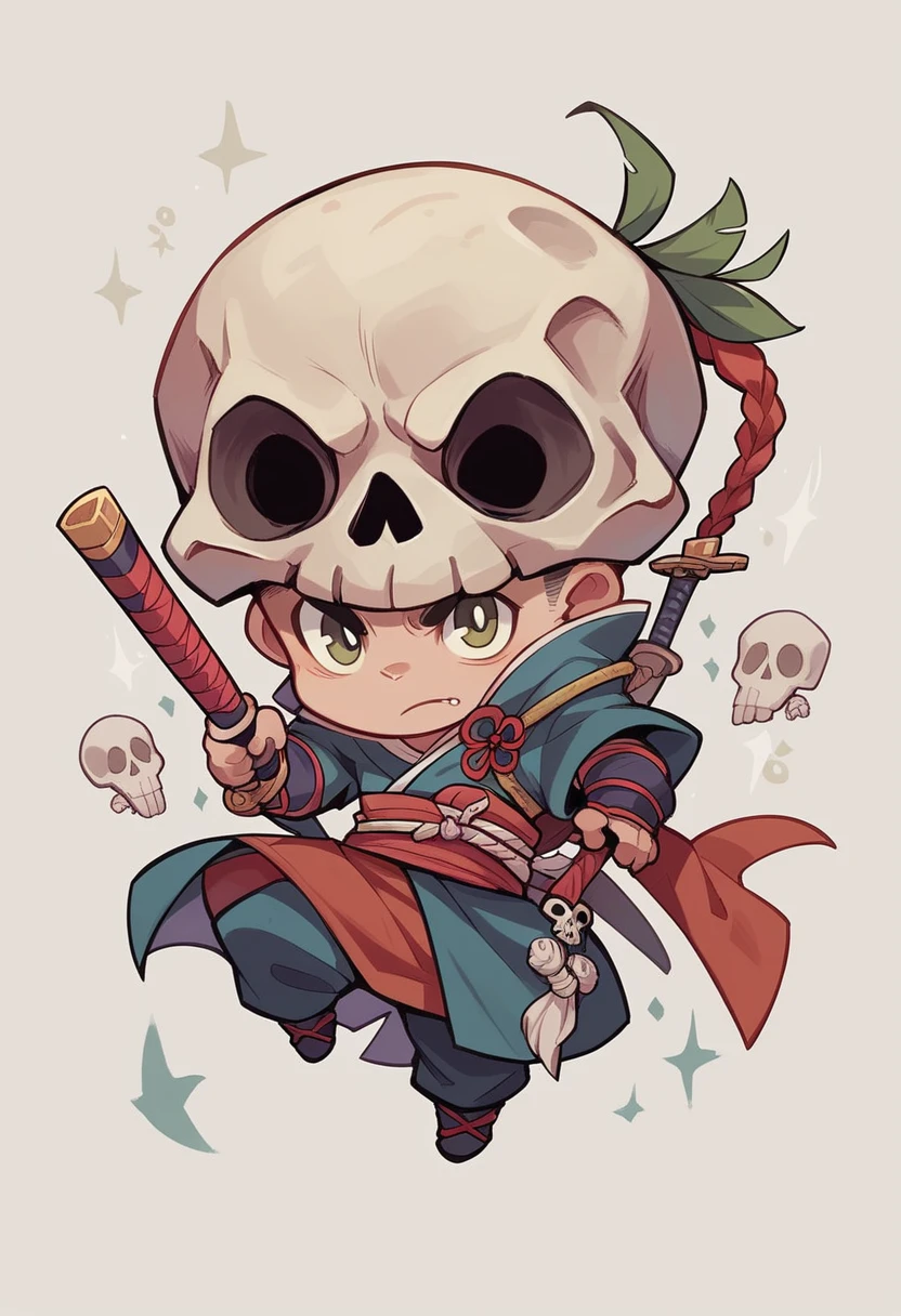 Chibi,Skull,Carrying a samurai sword