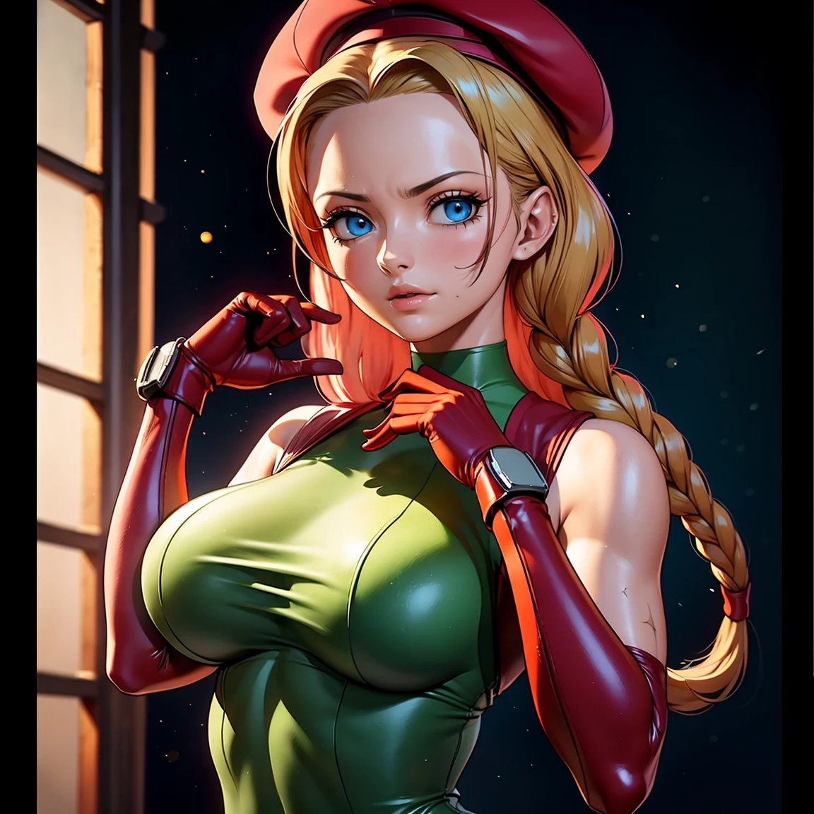 cinematic film still beautiful,masterpiece,best quality,extremely detailed face,perfect lighting,1girl,arms behind head,cowboy shot,cute,flirty,looking at viewer,cammy white,twin braids,long hair,blonde hair,antenna hair,beret,(red headwear:1.3),blue eyes,scar on cheek,(large breasts:1.2),green leotard,sleeveless,red gloves,fingerless gloves,camouflage,. shallow depth of field, vignette, highly detailed, high budget, bokeh, cinemascope, moody, epic, gorgeous, film grain, grainy