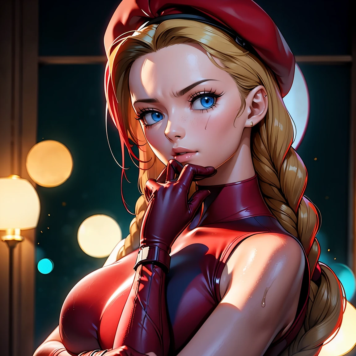 cinematic film still beautiful,masterpiece,best quality,extremely detailed face,perfect lighting,1girl,arms behind head,cowboy shot,cute,flirty,looking at viewer,cammy white,twin braids,long hair,blonde hair,antenna hair,beret,(red headwear:1.3),blue eyes,scar on cheek,(large breasts:1.2),green leotard,sleeveless,red gloves,fingerless gloves,camouflage,. shallow depth of field, vignette, highly detailed, high budget, bokeh, cinemascope, moody, epic, gorgeous, film grain, grainy