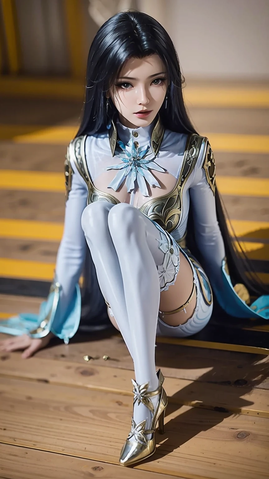 Close-up of a woman in a dress lying on a wooden floor, Japanese Goddess, Beautiful Chinese model, beautiful goddess, beautiful Asian girl, Sexy Girl, Fair, smooth and translucent skin, Chinese Girl, Asian girl, Attractive anime girl, Sexy pose, Beautiful fantasy queen, Beautiful and detailed body and face, Smooth white tights set, Light milky white porcelain skin