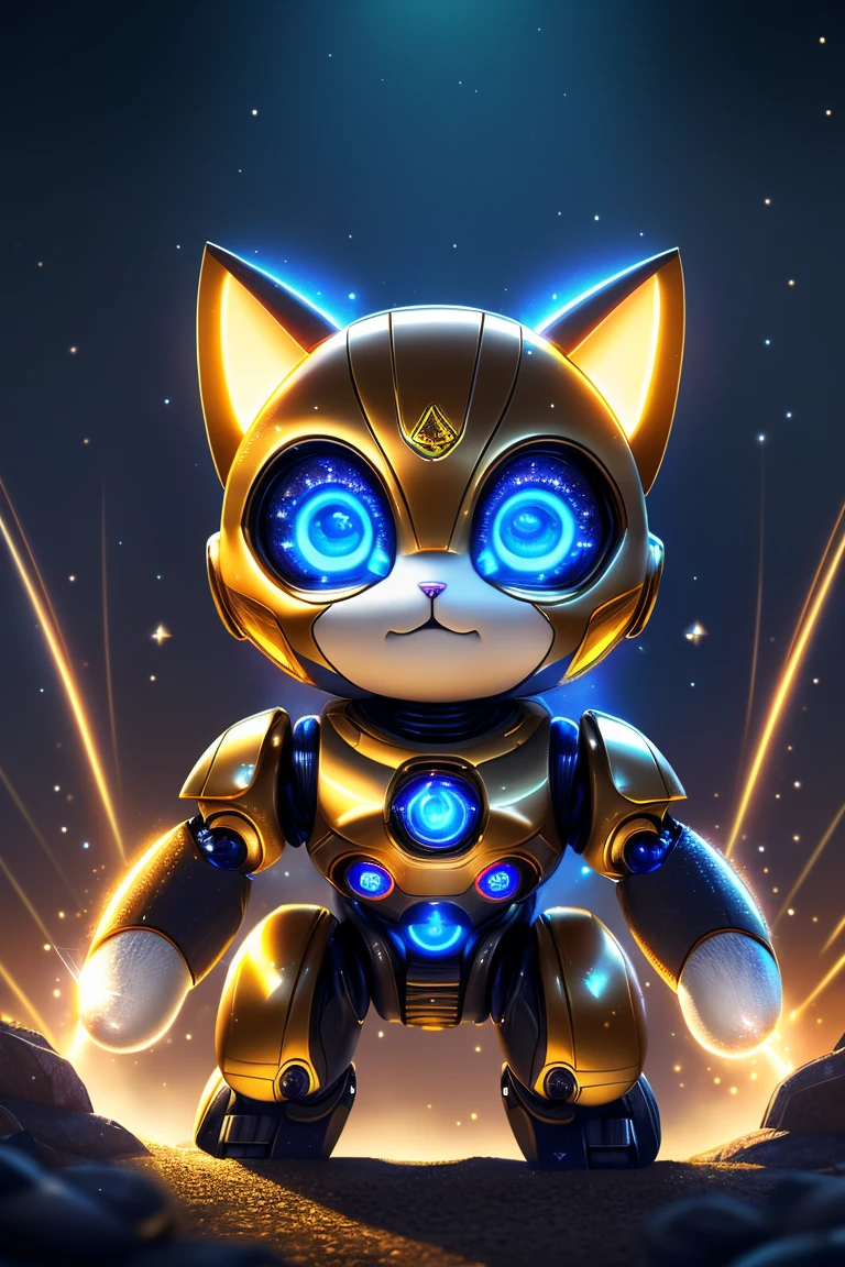 (Highest quality、masterpiece、8k))、Anatomically correct、Very detailed、High resolution、Realistic、((Beautiful, sparkling, detailed eyes))、Intricate details、Cinematic lighting、((Dynamic composition))、kitten、Big head、Robot Cat、Rocket Punch、Robo Face