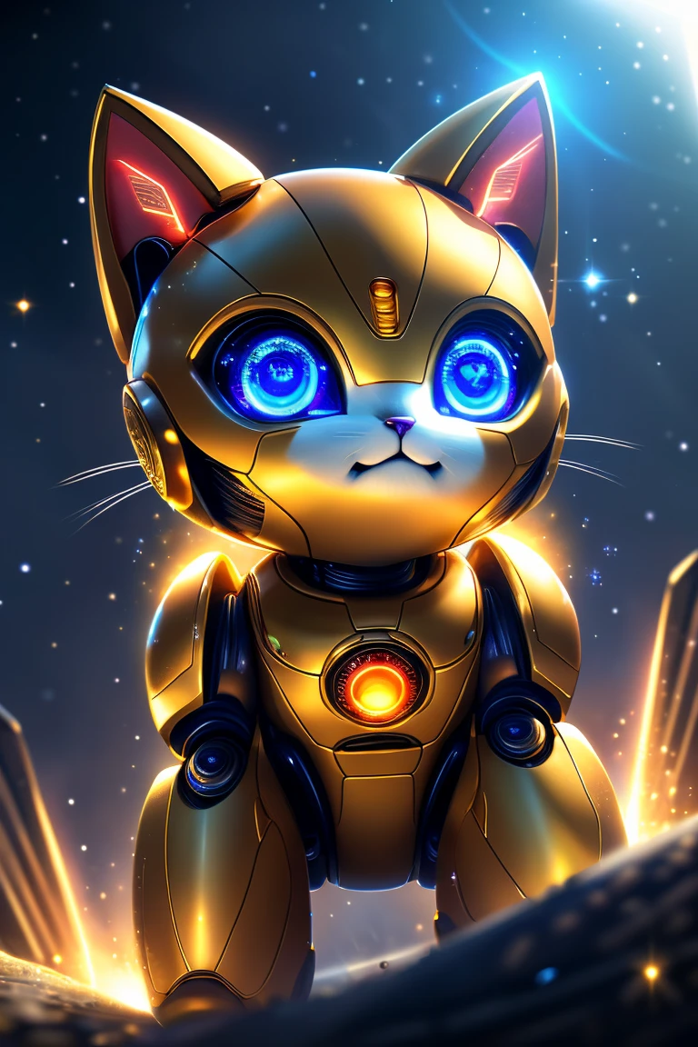 (Highest quality、masterpiece、8k))、Anatomically correct、Very detailed、High resolution、Realistic、((Beautiful, sparkling, detailed eyes))、Intricate details、Cinematic lighting、((Dynamic composition))、kitten、Big head、Robot Cat、Rocket Punch、Robo Face