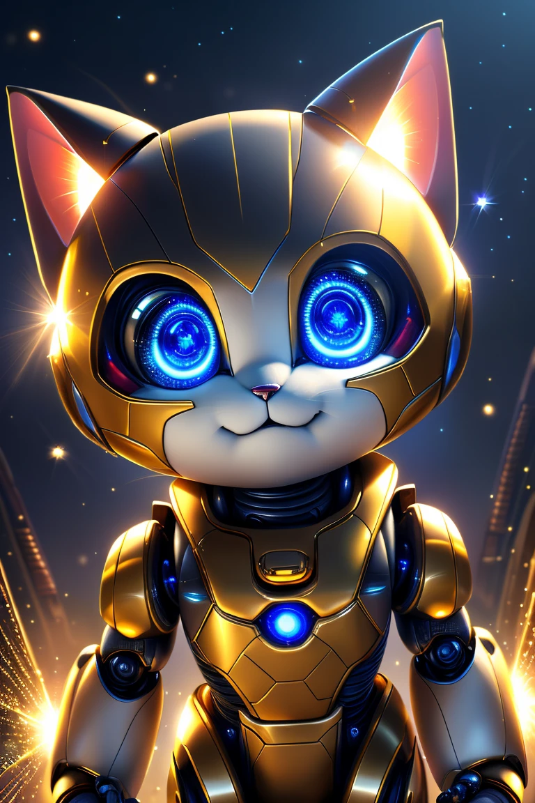 (Highest quality、masterpiece、8k))、Anatomically correct、Very detailed、High resolution、Realistic、((Beautiful, sparkling, detailed eyes))、Intricate details、Cinematic lighting、((Dynamic composition))、kitten、Big head、Robot Cat、Rocket Punch、Robo Face