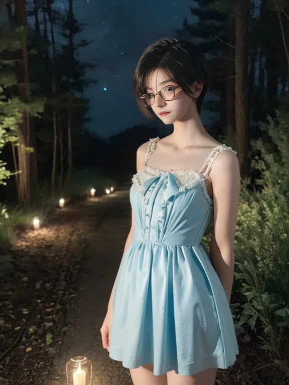 girl, pretty face, with glasses, looking at the viewer, short wavy hair, small bust, slim, sad, full body, perfect legs, short dress, at night, In twoods, starry sky, shining flowers, beautiful