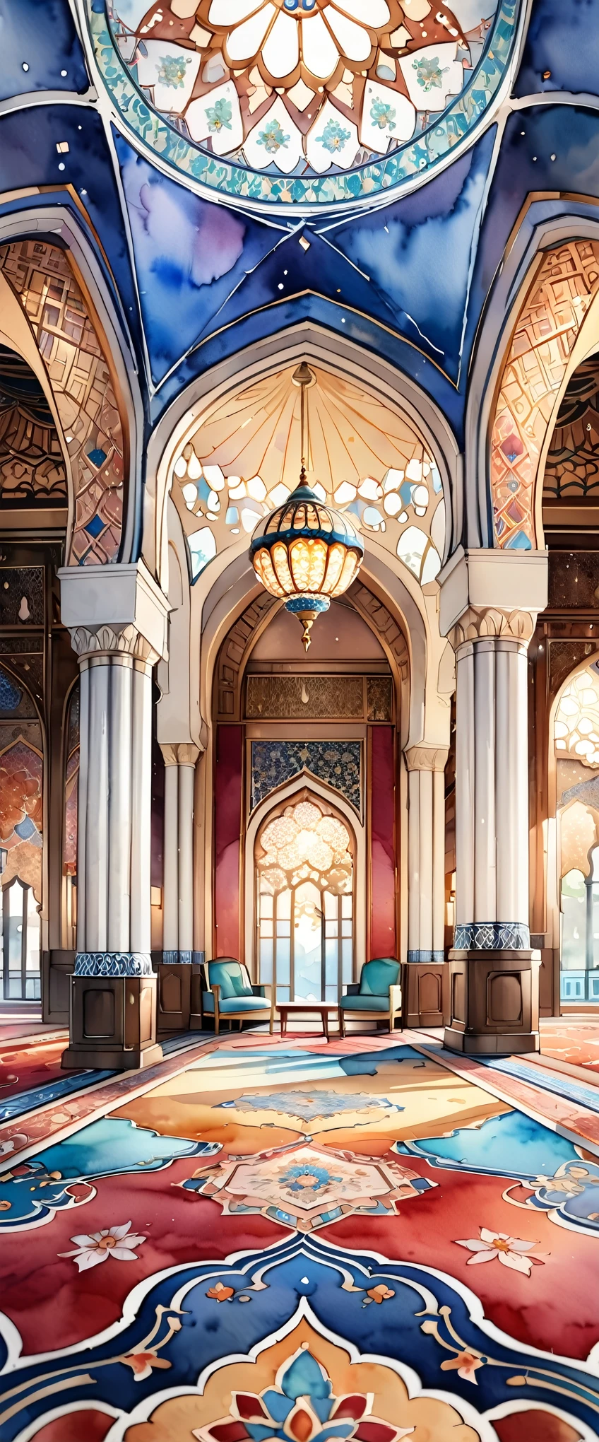 (masterpiece:1.2,Highest quality,Ultra-high resolution,Very detailed),(Beautiful mosque room watercolor painting),8k,wallpaper,(Arabesque carpet),(Beautiful arabesque dome),(Big mosque room),(Watercolor splashes、Oozing、Blur、Blotting、Beautiful expression using the cassoulet technique)