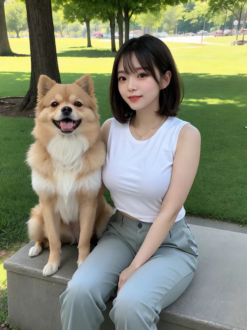Tabletop, Highest quality, Realistic, In detail, High resolution, 8k wallpaper, Perfect dynamic composition, Beautiful attention to detail, (Biologically Correct Limbs, refer, nail), short hair, Shiny Hair, Big ample breasts, Random Pause、(retro color, Cute Sleeveless T-Shirts, Cute Chino Pants)、Cute Pumps, (Breast bulge:1.3)、Laughter、(Park scenery、Grass), sunny, Sitting, girl, 23 years old, Touching her chest, only, (Droopy eyes)、Adult Beauty、Japanese women、(dogと散歩, dog, Pomeranian, 小型dog), dogを見て, Side view,