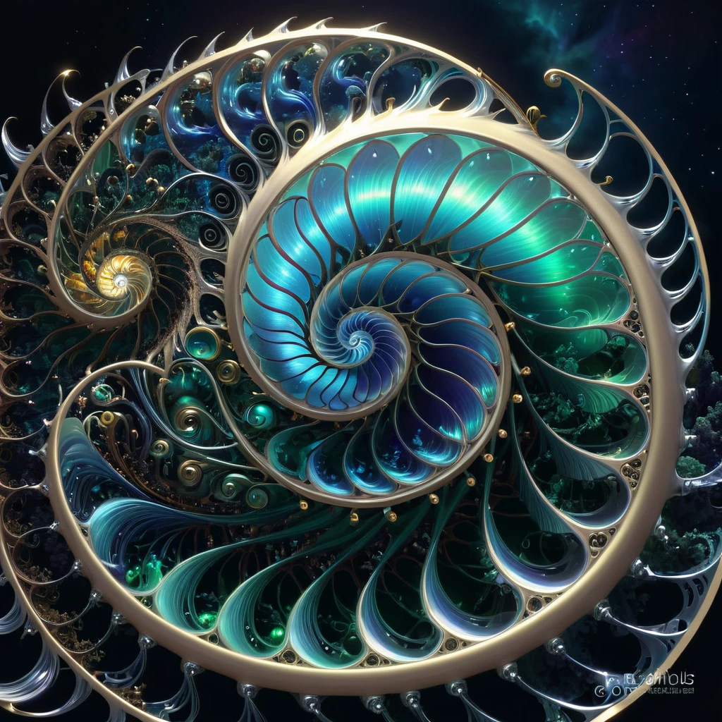 (Nautilus Machine Lifeform)、(Nautilus is mechanically drawn:1.2)、Machine lifeforms emerging from the Mandelbrot set、The emerging lifeforms gradually々Mechanize to、Fractal Art、3D Rendering, Aurora