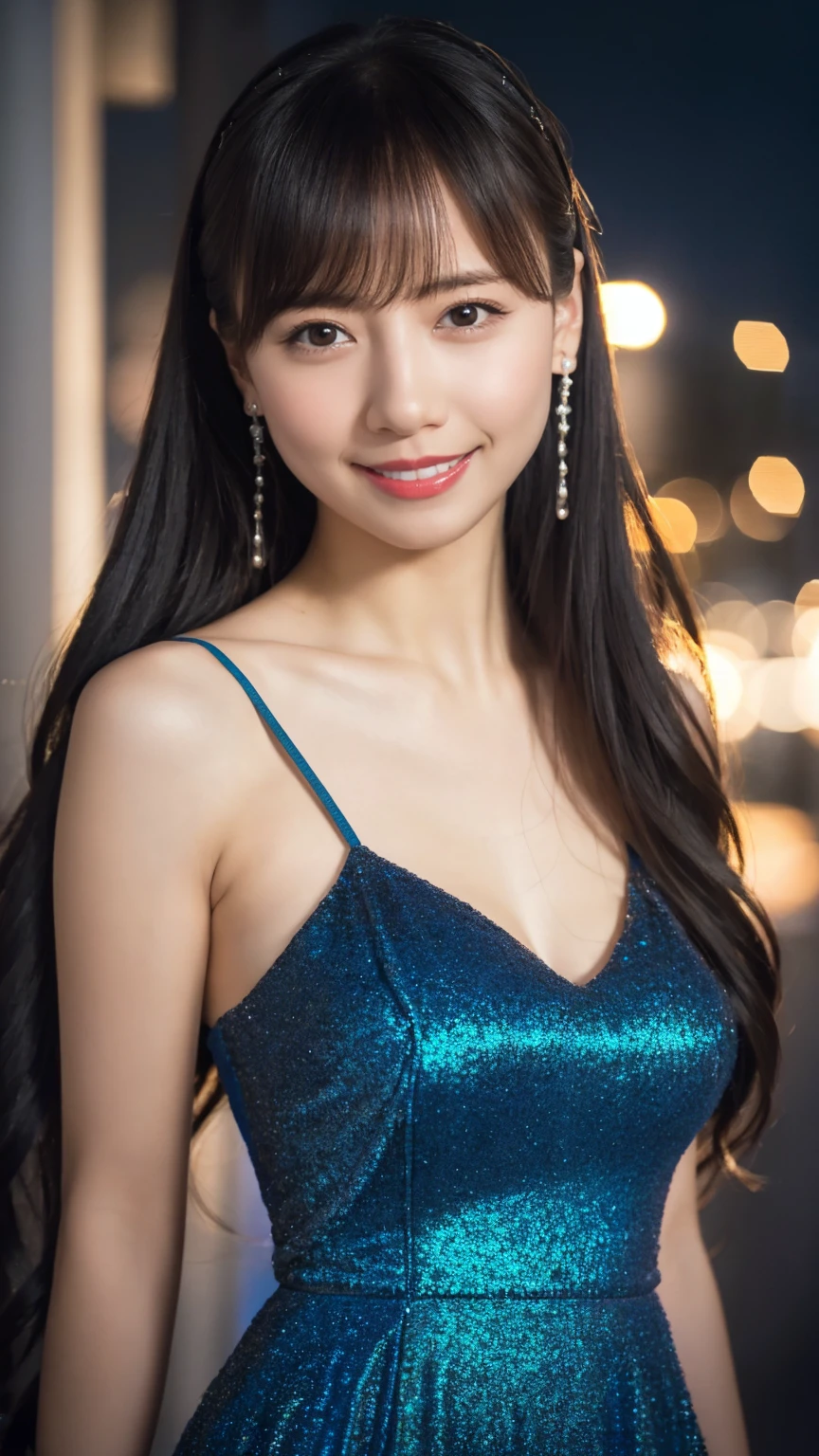 1girl,(wearing a blue glittery evening dress:1.2),(RAW photo, best quality), (realistic, photo-realistic:1.4), masterpiece, an extremely delicate and beautiful, extremely detailed, 2k wallpaper, Amazing, finely detail, extremely detailed CG unity 8k wallpaper, ultra-detailed, highres, soft light, beautiful detailed girl, extremely detailed eyes and face, beautiful detailed nose, beautiful detailed eyes,cinematic lighting,city lights at night,perfect anatomy,slender body,light smile,close up,(long hair with bangs), tight breast, open shoulder