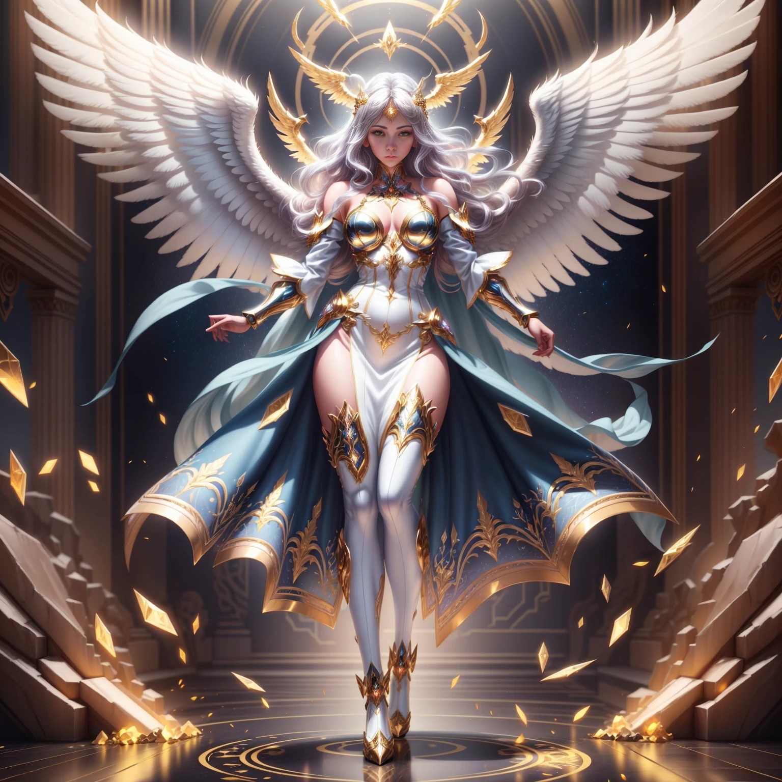 (a back view model shot taken from the back: 1.5), female angel (Masterpiece, intense details: 1.3), paladin, holy warrior, short blond hair, determined face, full body, armed with sword, holy symbol, (wearing white armor: 1.3), ((fully dressed: 1.5)), (wings sprouting from the back: 1.3) spread large feathered wings, majestic wings, white angelic wings, moon light, moon, stars, clouds, cemetery background, anatomically correct (Masterpiece, intense details: 1.3), god rays, cinematic lighting, glowing light, photorealism, panoramic view, Wide-Angle, Ultra-Wide Angle, 16k, highres, best quality, high details, ultra detailed, masterpiece, best quality, (extremely detailed), arafed, dnd art, armored dress