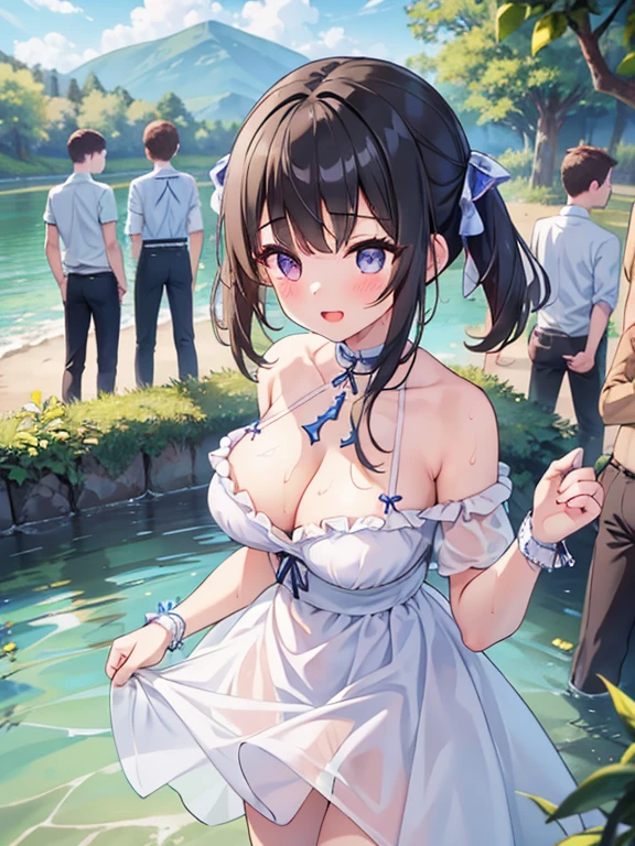 (masterpiece, top quality, high definition, detailed drawing, beautiful eyes, beautiful hair, perfect face), (((1girl, 3boys:1.8))), beautiful river, summer, summer sunshine, thunderclouds, boy and girl is close, close together, short twintails, black hair, super , droopy eyes, heterochromia, pink eyes, orange eyes ((very huge breasts)), 145cm tall, 13 years is wearing a pure white chemise dress with insect sleeves that exposes her chains and breasts, smiling, ((A boy and a girl are standing in a river, pulling each other out at close range, and splashing river water on each other. )), The water in the river is about as deep as the girl's knees, the girl is soaked all over, her chemise dress is wet and her breasts and white panties are showing through, the boys are blushing and looking embarrassed. , the water droplets are reflected in the sunlight and sparkle.