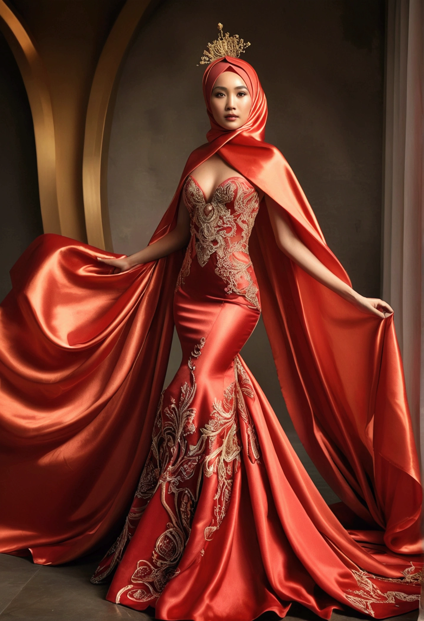 Asian woman wrapped in a red satin cloth mimicking a mermaid gown with a striking large train, the cloth clings tightly to her figure, incorporates a hijab, standing with poise, dramatic lighting, volumetric textures, ultra realistic, golden ratio.