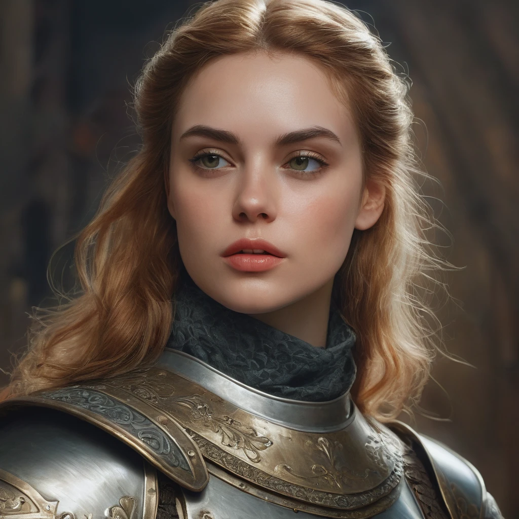 close up portrait photo of Margo Robbie, ModelShooting style, (чрезвычайно подробные обои CG Unity 8k), medieval armor, professional majestic oil painting by Ed Blinkey, Atey Gaylan, Studio Ghibli, Jeremy Mann, Greg Manchess, Antonio Moro, ((dusk1)), trending on artstation, trending cgsociety, difficult, high detail, Sharp Focus, dramatic, Photorealistic painting by Midjorney and Greg Rutkowski 