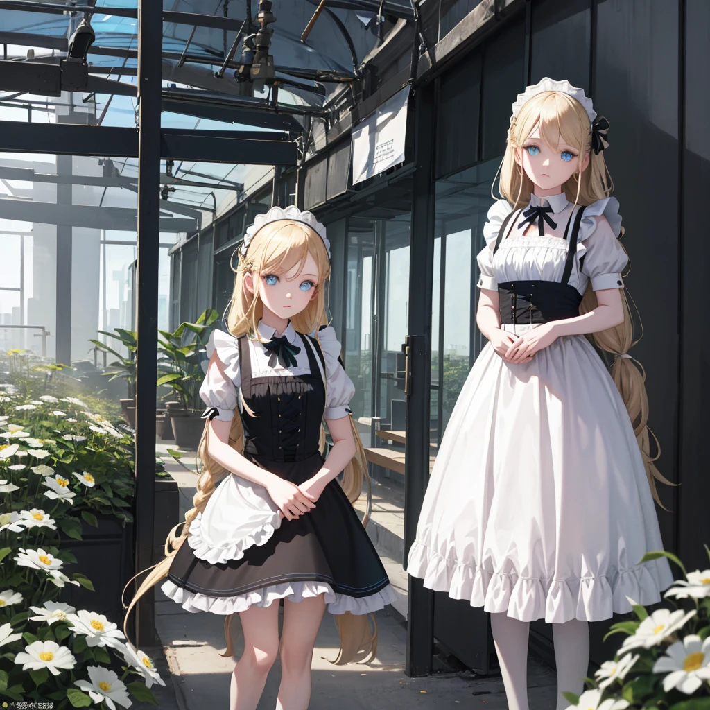 ((Flower Type)), (), (1 Girl), (((Solitary))), (Practical:1.5), Light Particles, Light, Victorian Era, (Best Illustration), photoPractical, Octane Rendering, 8K, Neon lights, Flying Cars, Delicate face, Delicate eyes, ((maid)), maid headband, Long braids, Very long hair, Blonde Hair, blue eyes, (Sharp eyeliner, Eyeshadow, Delicate eyes:1.1), (ulzzang-6500), Model pose, (permanent), (outdoor), at Midday, Public area, indoors, (Green house in the background), Breaking down the G36  