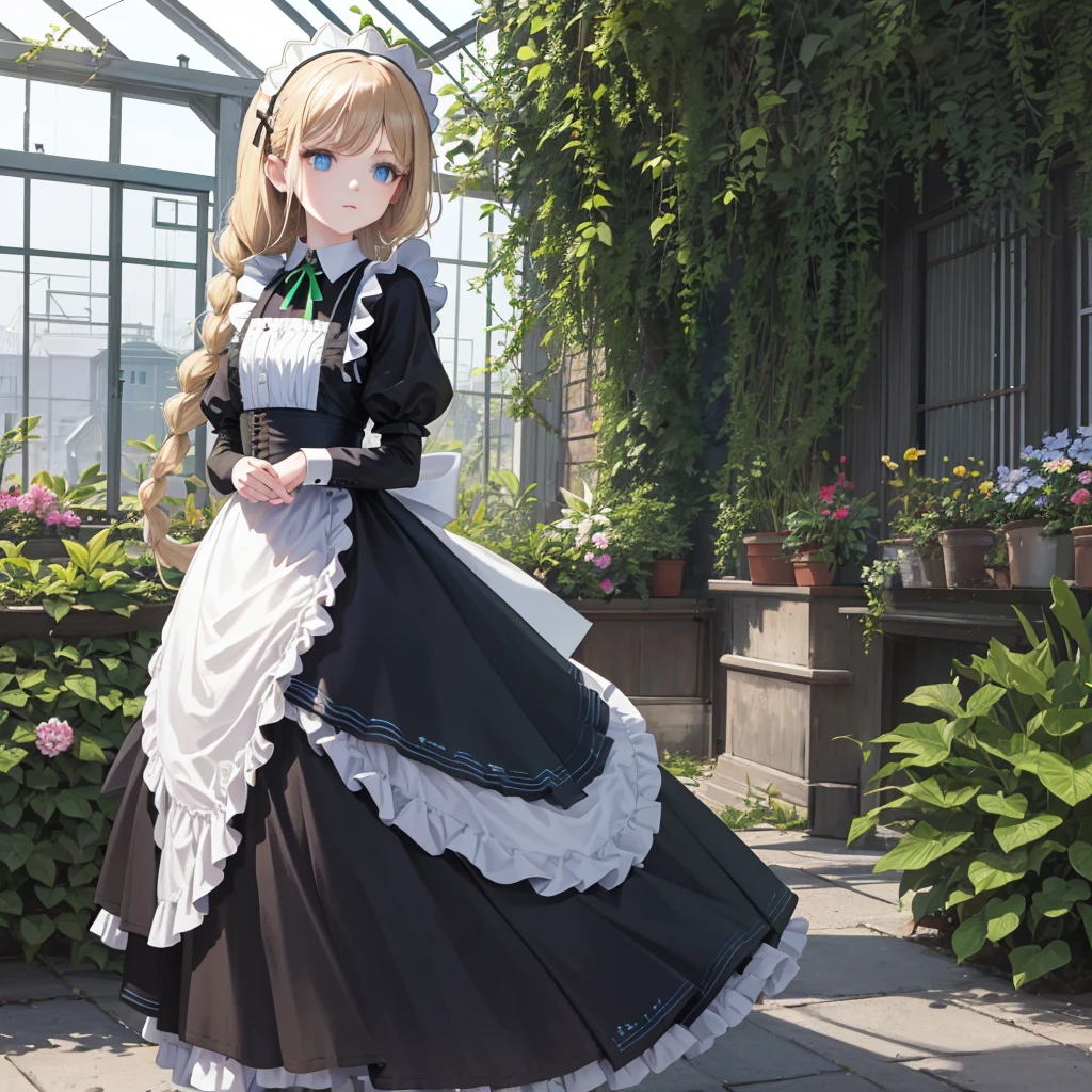 ((Flower Type)), (), (1 Girl), (((Solitary))), (Practical:1.5), Light Particles, Light, Victorian Era, (Best Illustration), photoPractical, Octane Rendering, 8K, Neon lights, Flying Cars, Delicate face, Delicate eyes, ((maid)), maid headband, Long braids, Very long hair, Blonde Hair, blue eyes, (Sharp eyeliner, Eyeshadow, Delicate eyes:1.1), (ulzzang-6500), Model pose, (permanent), (outdoor), at Midday, Public area, indoors, (Green house in the background), Breaking down the G36  