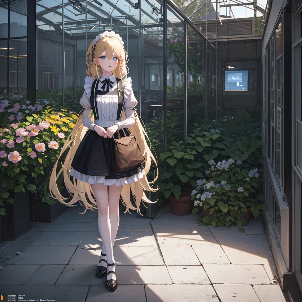 ((Flower Type)), (), (1 Girl), (((Solitary))), (Practical:1.5), Light Particles, Light, Victorian Era, (Best Illustration), photoPractical, Octane Rendering, 8K, Neon lights, Flying Cars, Delicate face, Delicate eyes, ((maid)), maid headband, Long braids, Very long hair, Blonde Hair, blue eyes, (Sharp eyeliner, Eyeshadow, Delicate eyes:1.1), (ulzzang-6500), Model pose, (permanent), (outdoor), at Midday, Public area, indoors, (Green house in the background), Breaking down the G36  