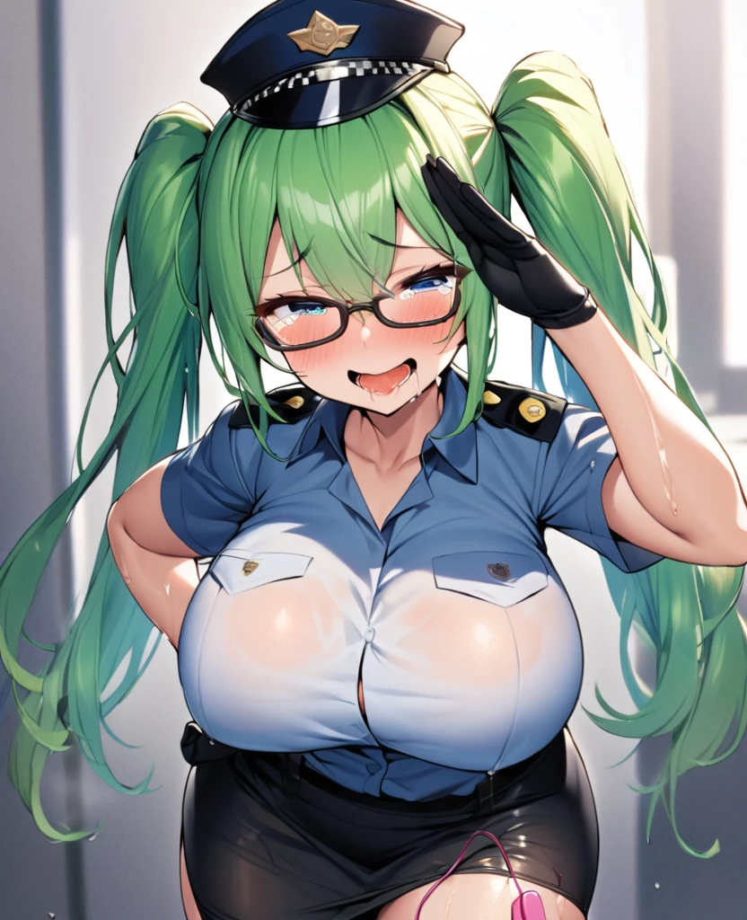 One Woman、Braided twin tails、Huge breasts、（Huge breasts：1.8)、Glasses、blue eyes、Green Hair、My hair is messy, Black gloves, White socks, Police uniform, Black Skirt, Short sleeve, Cowboy Shot, salute, Put your hands on your hips,smile,close your eyes, Tears in the eyes、Open your mouth, What saliva leaves behind, Wet skirt hem, Sticky panties, Bulging of the vibrator cord, Vibrator with Garters, Subway car interior background, In a crowded crowd,
