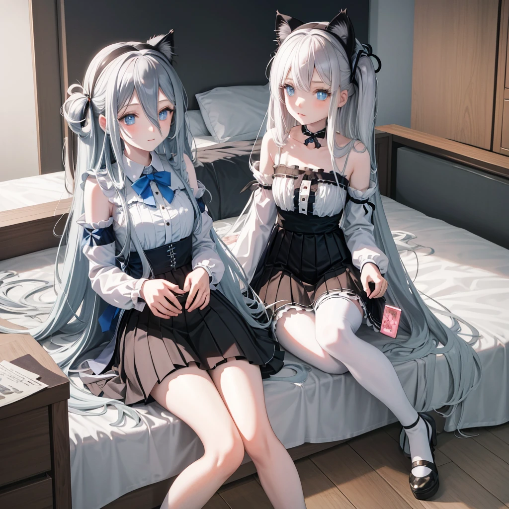 Long-haired anime girl sitting on the bed, Cat ears, From the girl front, Cute anime girl in beautiful clothes, Attractive anime girl, White-haired god, Fine details. in a skirt, Anime 4k