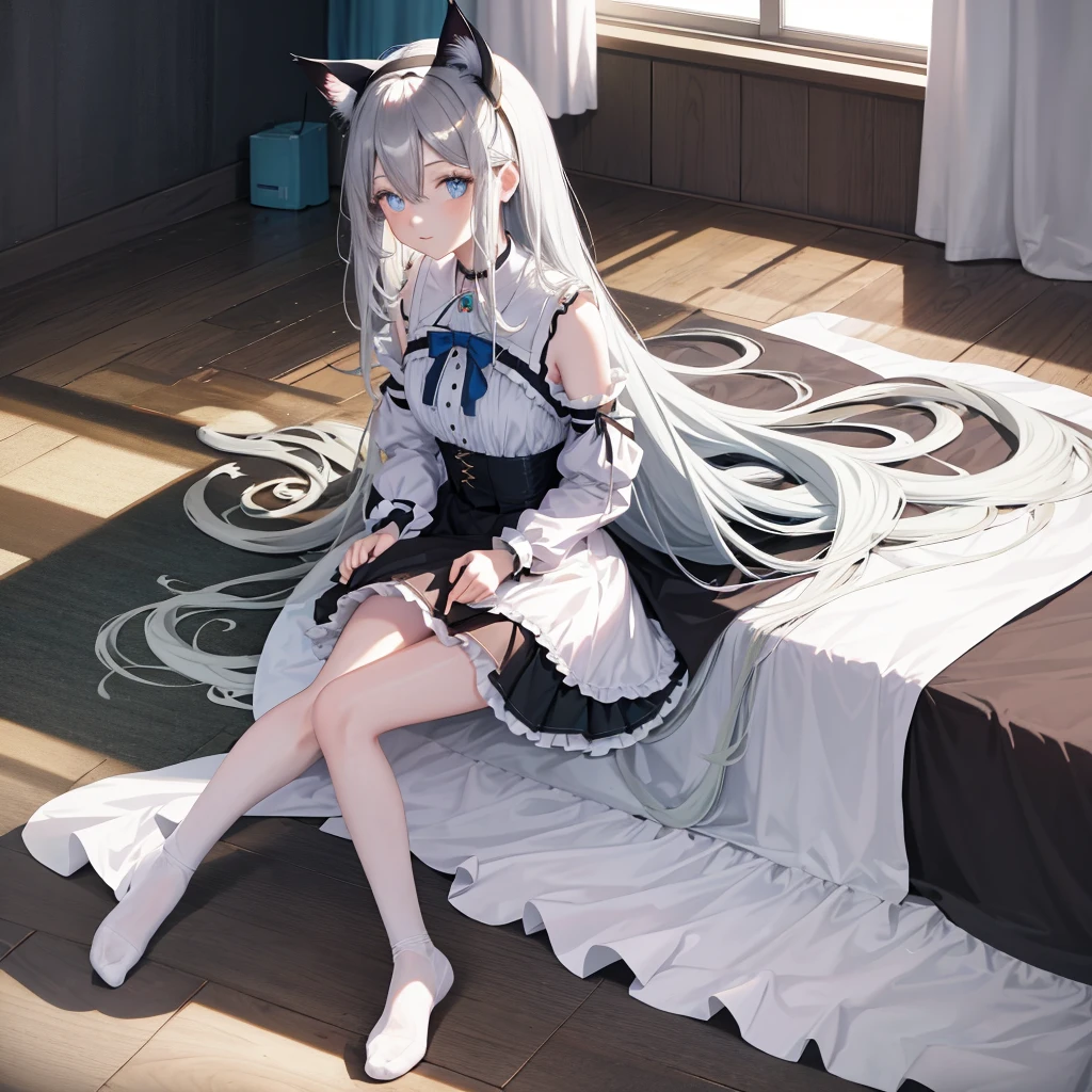 Long-haired anime girl sitting on the bed, Cat ears, From the girl front, Cute anime girl in beautiful clothes, Attractive anime girl, White-haired god, Fine details. Lolita in a skirt, Anime 4k  