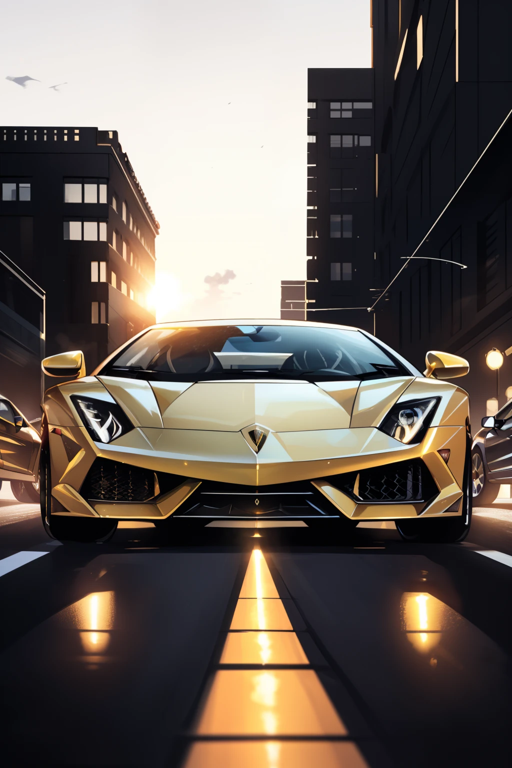 Make an image of a sleek and luxurious Lamborghini Gallardo, bathed in the soft glow of the setting sun. The full body of the car is meticulously rendered in high resolution, showcasing its sharp edges and muscular curves. The vibrant yellow paint job gleams under the light, contrasting perfectly with the black accents. The engine roars in the background as the car idles, its exhaust pipe emitting a faint smoke. The image is a masterpiece, trending on ArtStation, displaying intricate details, from the delicate headlights to the powerful wheels. The depth of field is skillfully utilized, drawing the viewer's eye to the majestic car while blurring