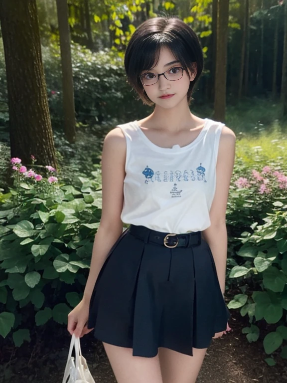 17 year old girl, pretty face, with glasses, looking at the viewer, short wavy hair, small bust, slim, sad, full body, perfect legs, sleeveless t-shirt, short skirt, at night, In the woods, starry sky, shining flowers, beautiful