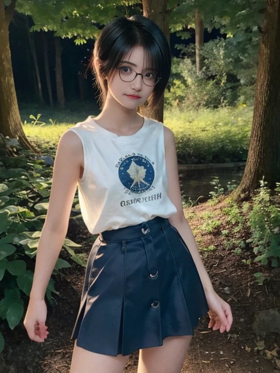 17 year old girl, pretty face, with glasses, looking at the viewer, short wavy hair, small bust, slim, sad, full body, perfect legs, sleeveless t-shirt, short skirt, at night, In the woods, starry sky, shining flowers, beautiful