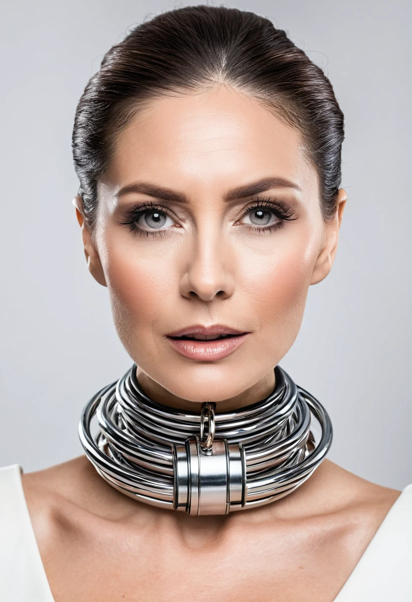 elegant 35 yo wealthy chignon lady with a precision machined aluminium lethal electronic shock collar painfully tightly locked around her neck. white background