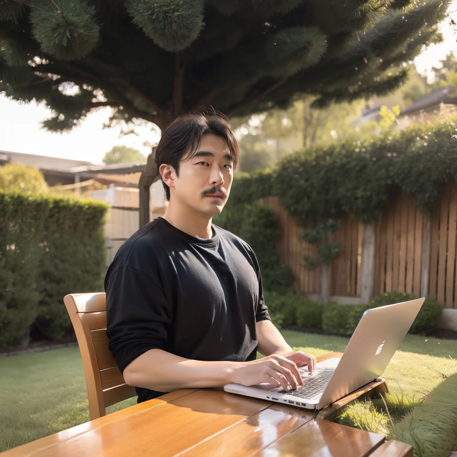Create an illustration of a large, fair-skinned Japanese man with a black buzz cut and a mustache. He has black eyes and is seated in a lush, suburban garden with a well-manicured lawn and abundant trees. He is casually dressed and sitting at a wooden table with matching chairs. He is using a laptop, writing a novel, with a peaceful and focused expression. The setting is a spacious backyard of a suburban house, with clear, sunny weather adding a serene atmosphere to the scene.