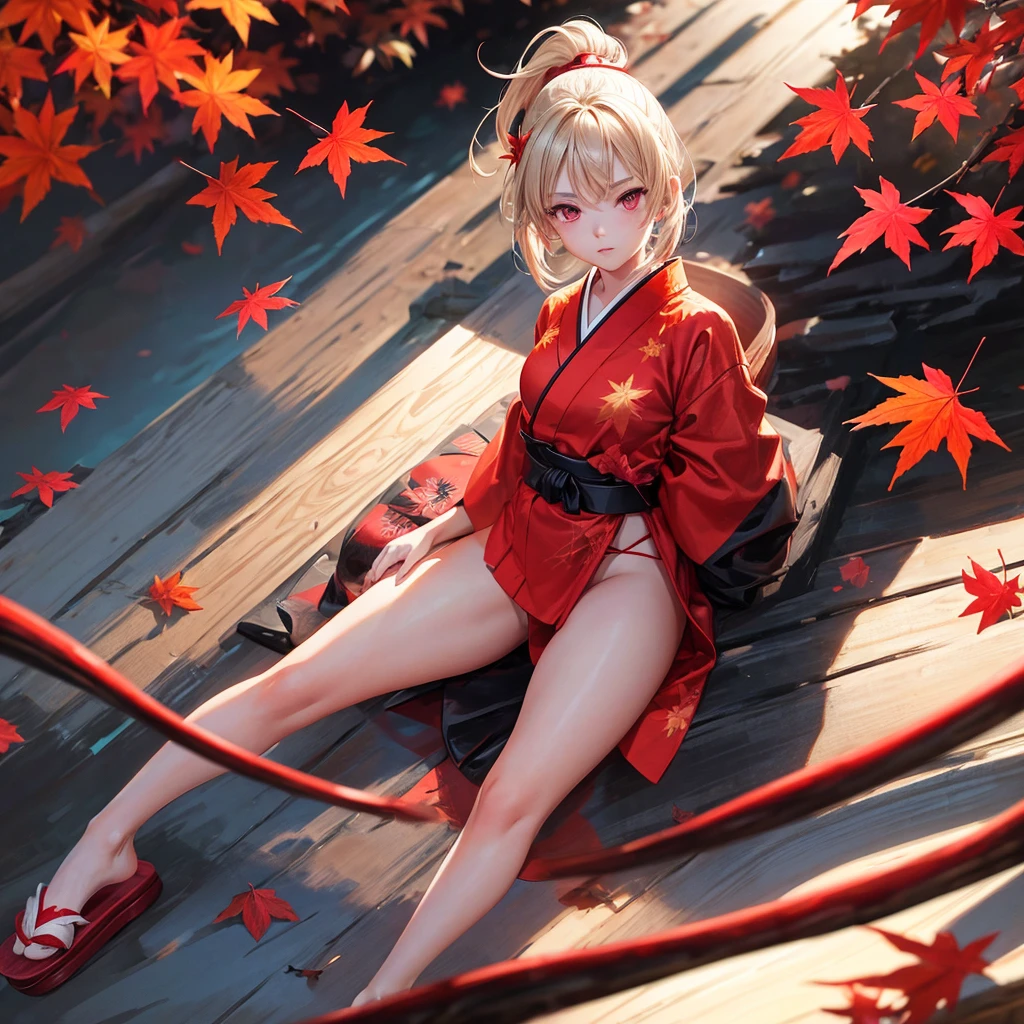 Girl, , fair skin, short blonde hair in a ponytail, light red eyes, half white half red yukata with open legs and maple leaves, wooden slippers, slim, beautiful legs, black belt, black gloves, red patterns