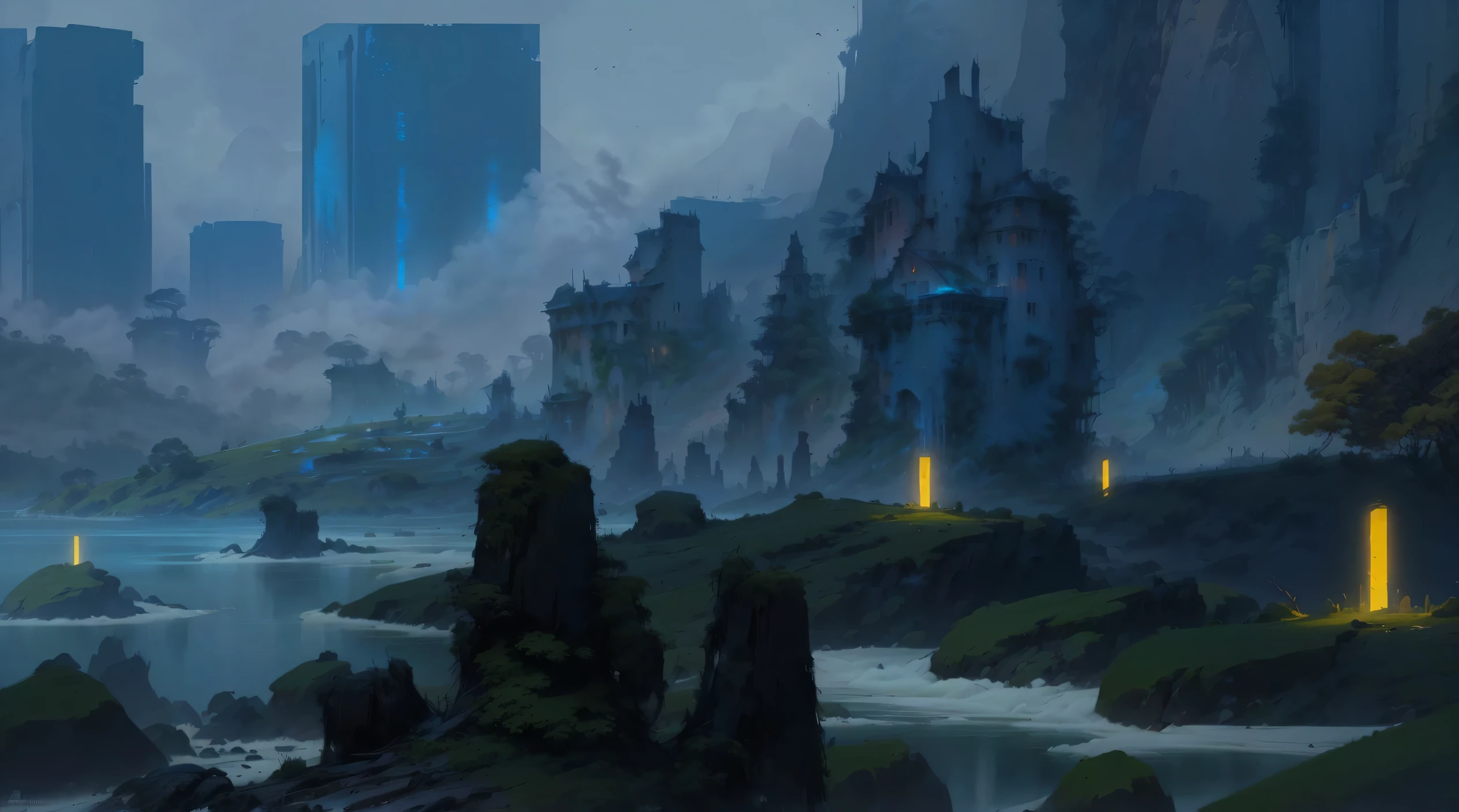 There is a painting,There is a city in the distance,A river crosses, Concept Art. Epic Landscapes, environment Concept Art, digital painting Concept Art, sci-fiish landscape, Environmental Concept, Concept Art scene, sci-fiish landscape, sci-fiish landscape, environmental Concept Art, sci-fiish landscape, Dota! matte painting Concept Art, painterly Concept Art