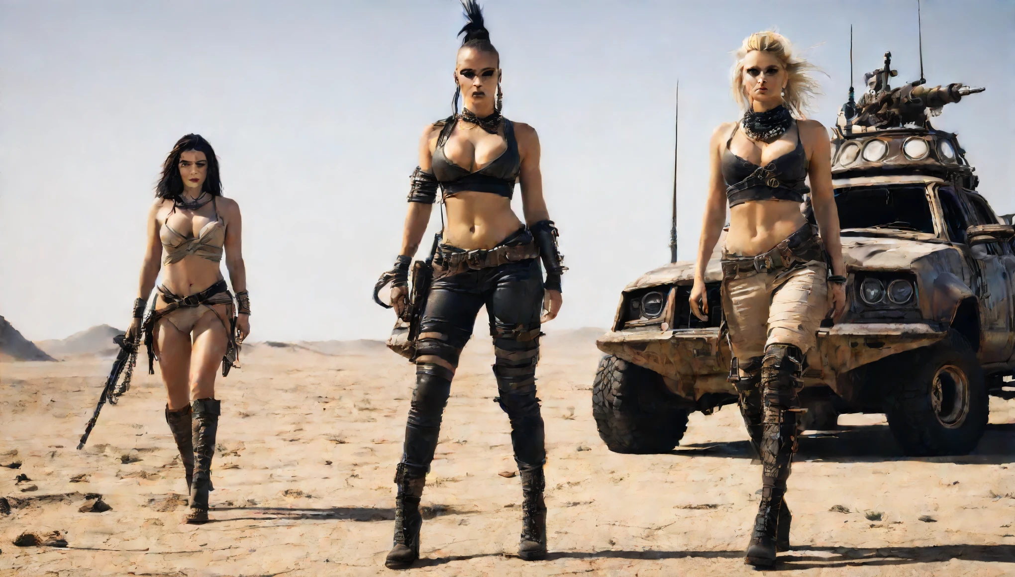 strength armada, strength legana, in the middle of the desert, surrounded by SEXY BUSTY WOMEN IN LIGHT CLOTHES, mad max city, postapocalyptic, strength .