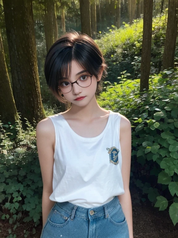  girl, pretty face, with glasses, looking at the viewer, short wavy hair, small bust, slim, sad, full body, perfect legs, sleeveless t-shirt, denim shorts, at night, In the woods, starry sky, shining flowers, beautiful