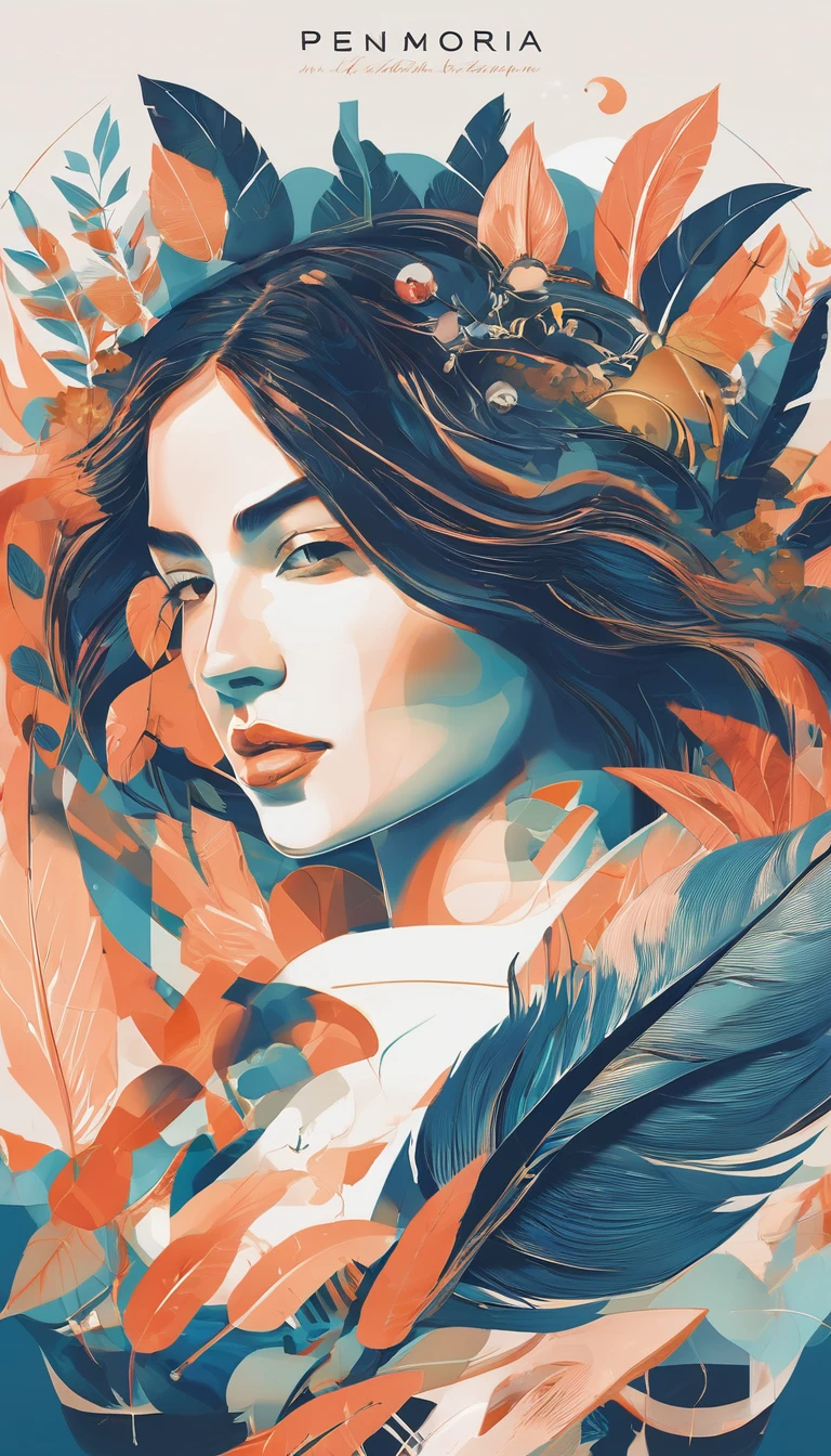 Assume you are a master creative, a genius graphic designer. Your mission is to create an extraordinary, fantastic, cinematic, abstract, poetic, minimalistic, modern, simple, unique logo design for the story production brand “Penamemoria". The logo must convey a sense of dreams and memories between a feather and a boy