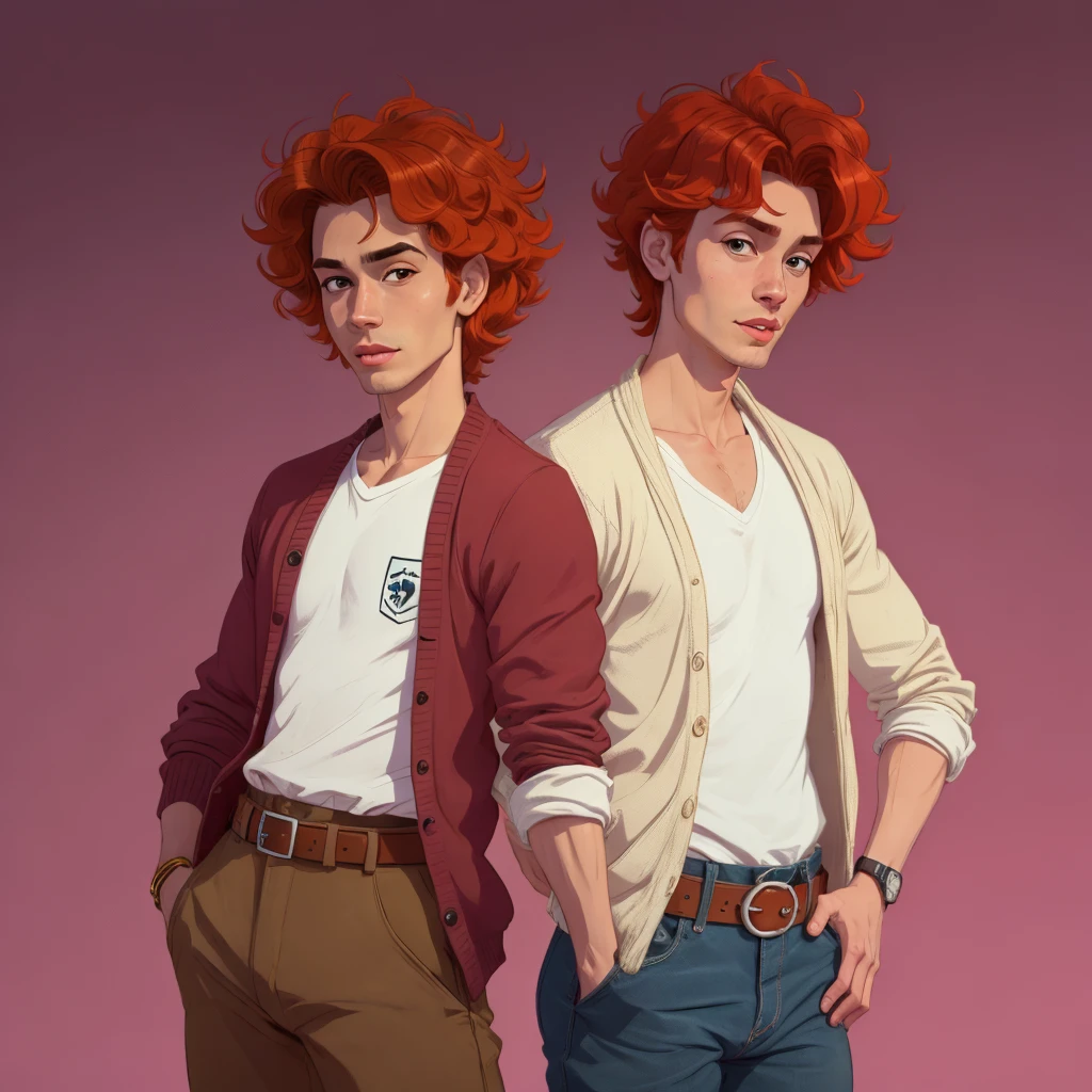 ((masterpiece)), (((Best quality))), illustration, 1 guy, bright skin, Brown eyes, freckles, Red hair, curly hair, school clothes, Vyazannaya cardigan, trousers, White shirt, belt, relaxed posture, (simple background: 1.3) ,--6