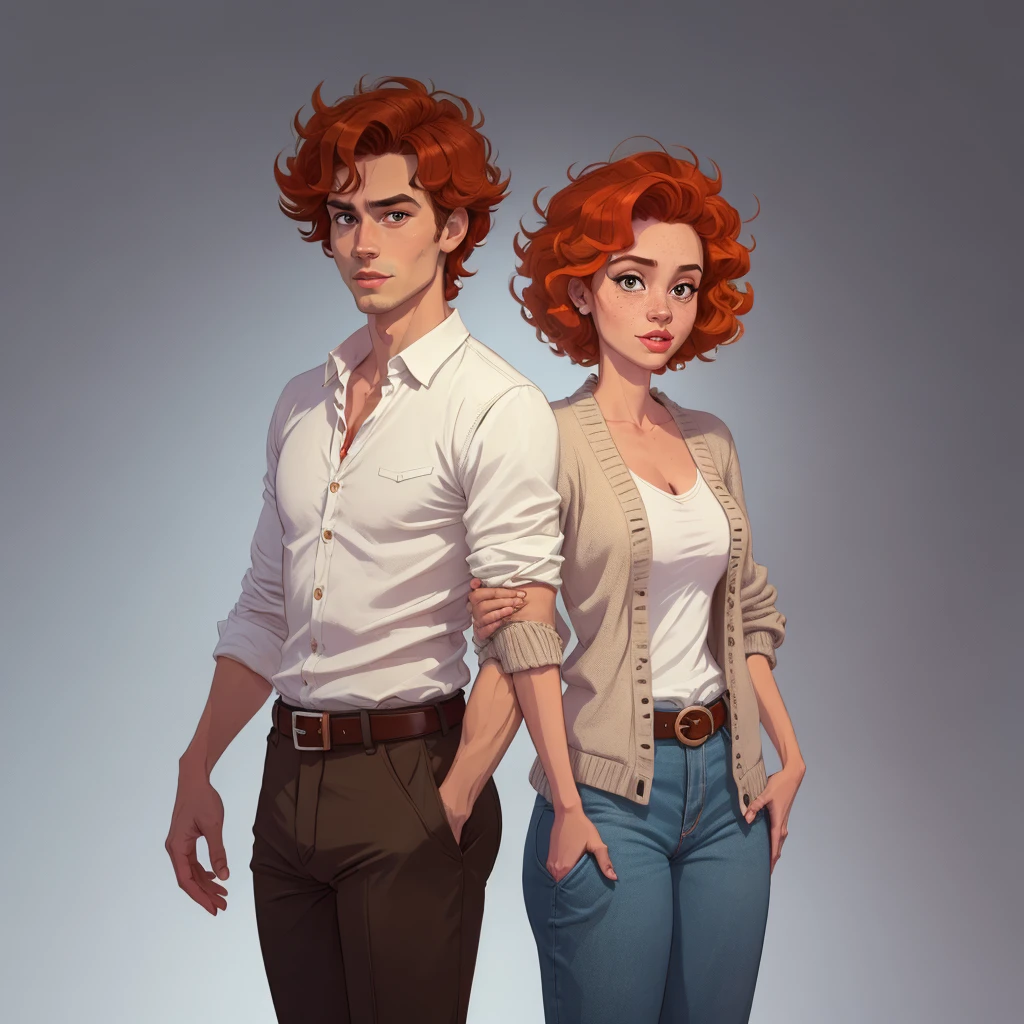 ((masterpiece)), (((Best quality))), illustration, 1 guy, bright skin, Brown eyes, freckles, Red hair, curly hair, school clothes, Vyazannaya cardigan, trousers, White shirt, belt, relaxed posture, (simple background: 1.3) ,--6