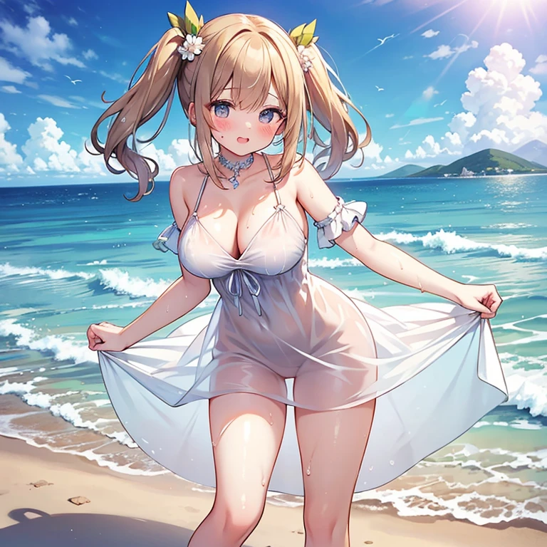 A beautiful girl in a white sundress, wet skin, blushing face, large breasts, standing in the water, full body view, highly detailed, masterpiece, best quality, very beautiful, mid-shot, surreal,perfect pussy