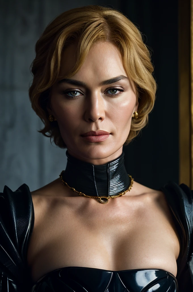 beautiful modern Cersei Lannister, supermodel, latex fetish, intricate hairstyle, lascivious smirk, busty, detailed textures, sharp focus, ultra-high pixel detail, 16k RAW footage, masterpiece
