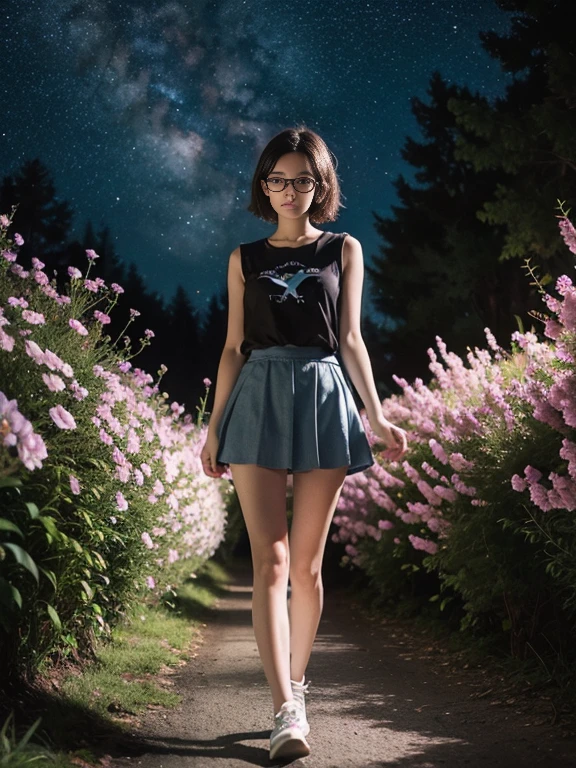 17 year old girl, pretty face, with glasses, looking at the viewer, short wavy hair, small bust, slim, sad, full body, perfect legs, sleeveless t-shirt, short skirt, at night, In the woods, starry sky, shining flowers, beautiful