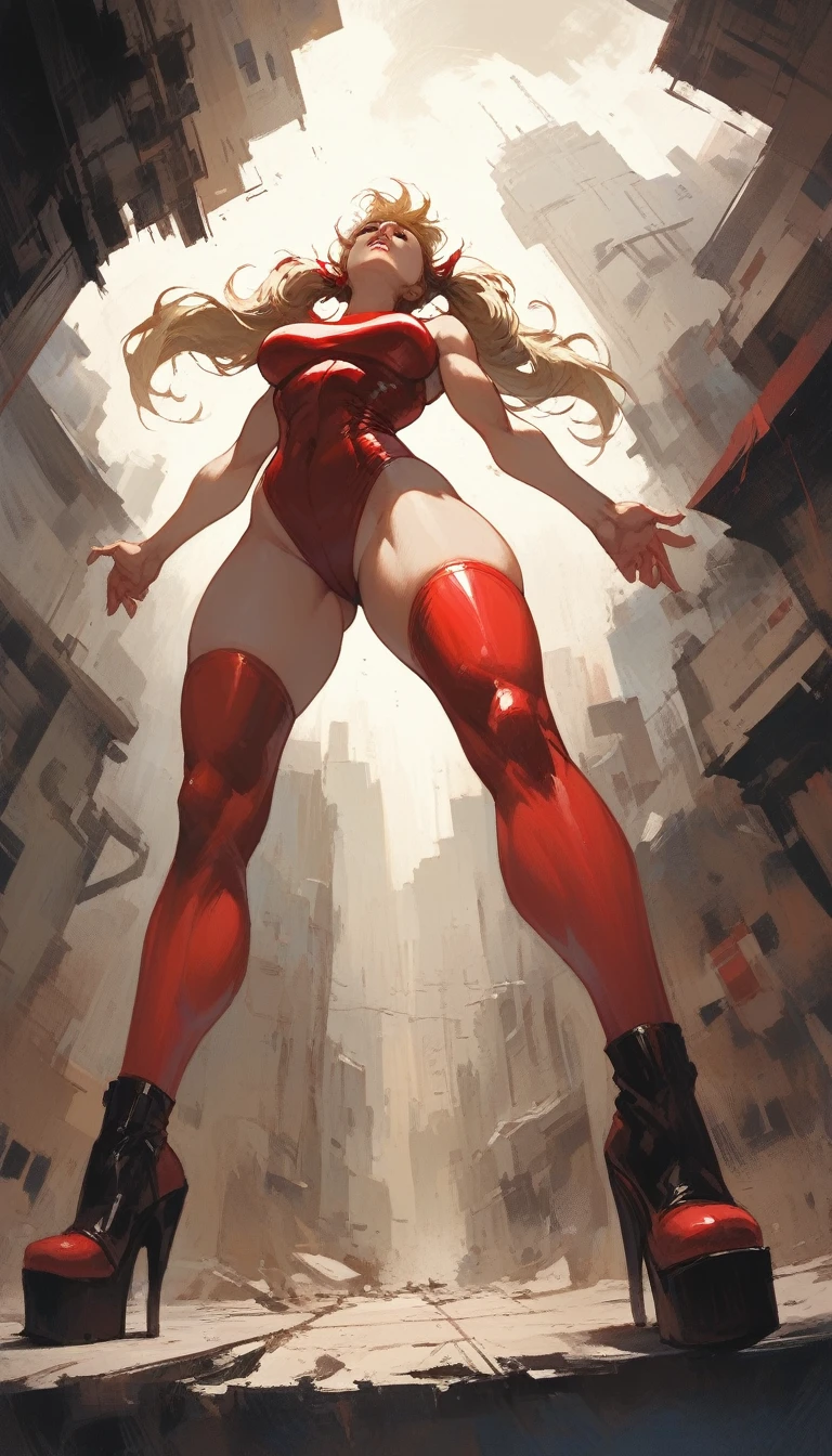  
best quality, masterpiece, 8k, extreme wide-angle perspective distortion, low angle looking up (AshleyWoodArtAI:1.3), Future sexy asian blonde girl with twin-tails, nude and very tight tank top, red latex thigh high stocking extreme-highheel-wedge boots , standing pose
