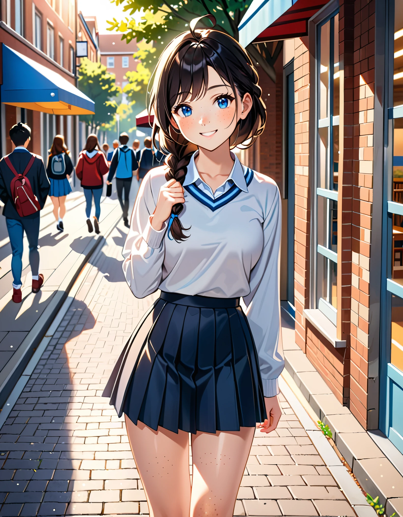 (masterpiece), (best quality), (high res), highly detailed, professional, 1girl, solo, solo focus, high school student, medium breasts, matching shoes, pleated skirt, miniskirt, innocent look, Cowboy Shot, freckles, Black Hair, Braid, Ahoge, Parted Bangs, Single Braid, Blue Eyes, smile, :d, sidewalk, warm lighting, outside