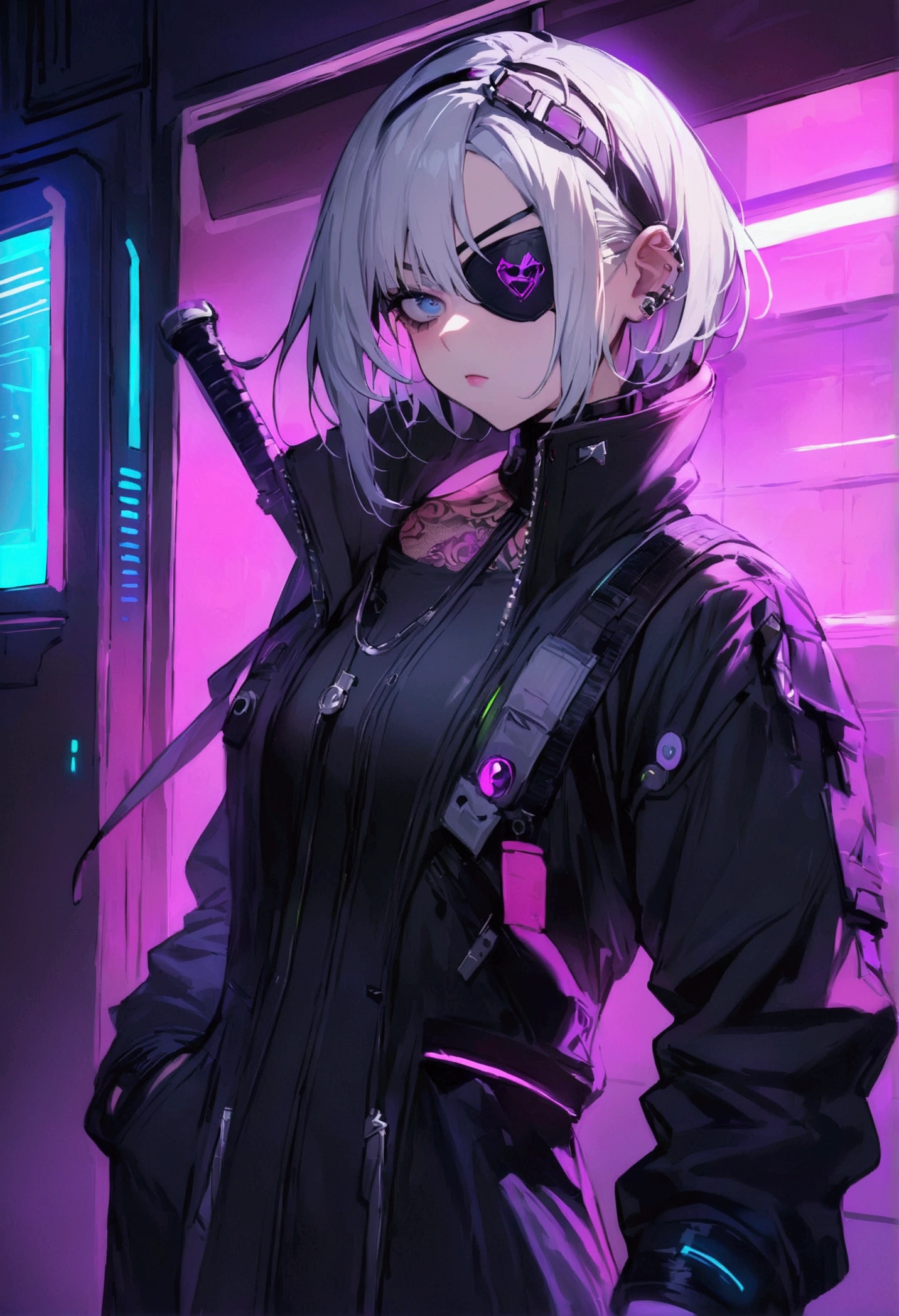 masterpiece,Highest quality,Super quality,cyber punk,Tattoo,Eye patch,Silver Hair,Actually a good guy,Have a weapon