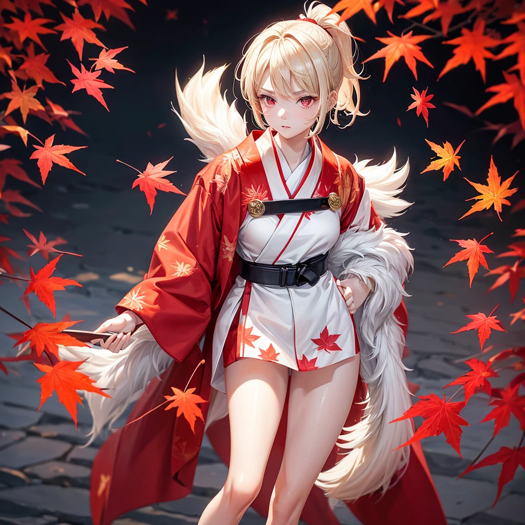 Girl, , fair skin, short blonde hair in a ponytail, light red eyes, half white half red yukata with open legs and maple leaves, wooden slippers, slim, beautiful legs, black belt, black gloves, red patterns