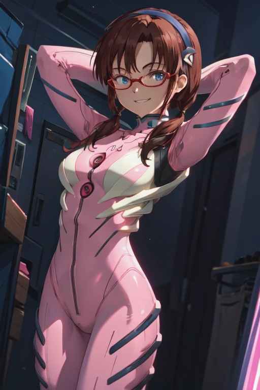 masterpiece,best quality,1girl,solo,mari makinami,blue eyes,brown hair,glasses,headband,twintails,(bodysuit,pink bodysuit,plugsuit),grin,confident,(arms behind head),changing room,(dutch angle),