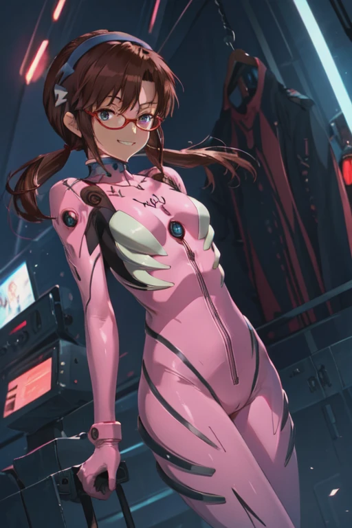 masterpiece,best quality,1girl,solo,mari makinami,blue eyes,brown hair,glasses,headband,twintails,(bodysuit,pink bodysuit,plugsuit),grin,confident,(arms behind head),changing room,(dutch angle),
